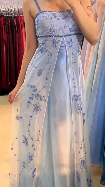 Vintage A Line Spaghetti Strap Beaded Blue Ombre Satin Tulle Party Dress Evening Dress HZ1023